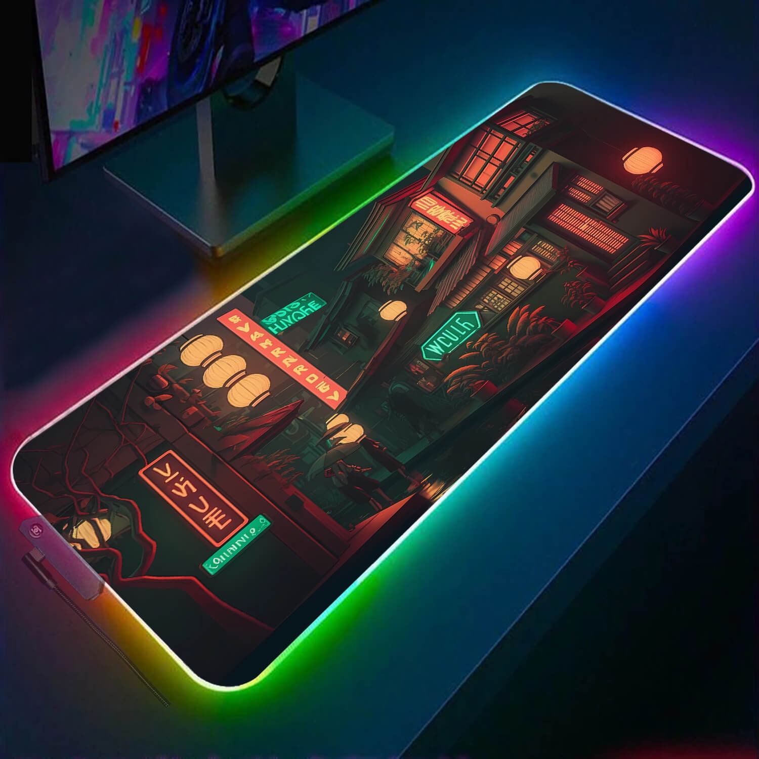 Neon Night City RGB Gaming Mouse Pad(3 patterns),Japanese Architecture RGB Gaming Desk Pad, Cyber Punk Gaming Desk Mat,Led Light Mousepad