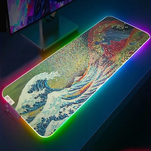 Tappetino per scrivania da gioco Mosaico giapponese Great Wave, tappetino per mouse con luce a LED RGB al neon retrowave, tappetino per scrivania da giocatore, tappetino per mouse XXL, tappetino per mouse da scrivania completo, computer