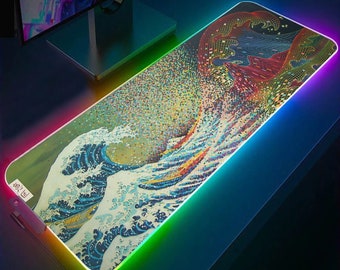 Alfombrilla de escritorio para juegos Mosaic Japanese Great Wave, alfombrilla de ratón con luz LED RGB Retrowave de neón, alfombrilla de escritorio para jugadores, alfombrilla de ratón XXL, alfombrilla de ratón de escritorio completo, ordenador