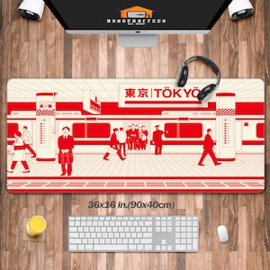 Japanese Subway Aesthetic Anime Gaming Mouse Pad, Vintage Anime Desk Pad Large, Retrowave LED Light Anime Desk Mat, TCG Gamer Mat