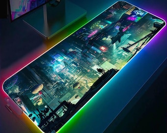 レトロヴェイパーウェイブシティRGBゲーミングマウスパッド（3パターン）、日本製RGBゲーミングデスクパッド、サイバーパンクゲーミングデスクマット、香港ネオンゲーマーマット