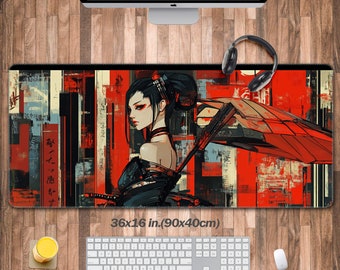 May include: A large, colorful mousepad with a stylized illustration of a woman in a black kimono with a red umbrella. The background is a mix of red, yellow, and black geometric shapes. The mousepad measures 36x16 inches (90x40cm).