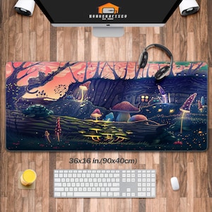Cute Forest Night View Desk Pad, Neon Mushroom Keyboard Mat,Fantasy Desk Mat,Cute Desk Decoration,Office Desk Mat Pad XXL, Gift For Gamer