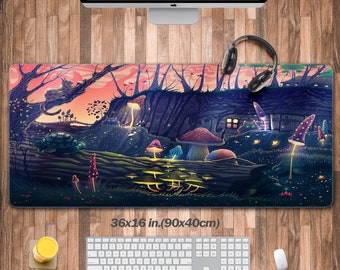 Cute Forest Night View Desk Pad, Neon Mushroom Keyboard Mat,Fantasy Desk Mat,Cute Desk Decoration,Office Desk Mat Pad XXL, Gift For Gamer