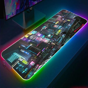 Retro Vaporwave City RGB Gaming Mouse Pad, Neon City RGB Gaming Desk Pad Large, CyberPunk LED Light Gaming Desk Mat, Synthwave Gamer Mat