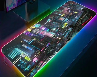 レトロ ヴェイパーウェイヴ シティ RGB ゲーミング マウスパッド、ネオン シティ RGB ゲーミング デスクパッド ラージ、サイバーパンク LED ライト ゲーミング デスクマット、シンセウェーブ ゲーマーマット