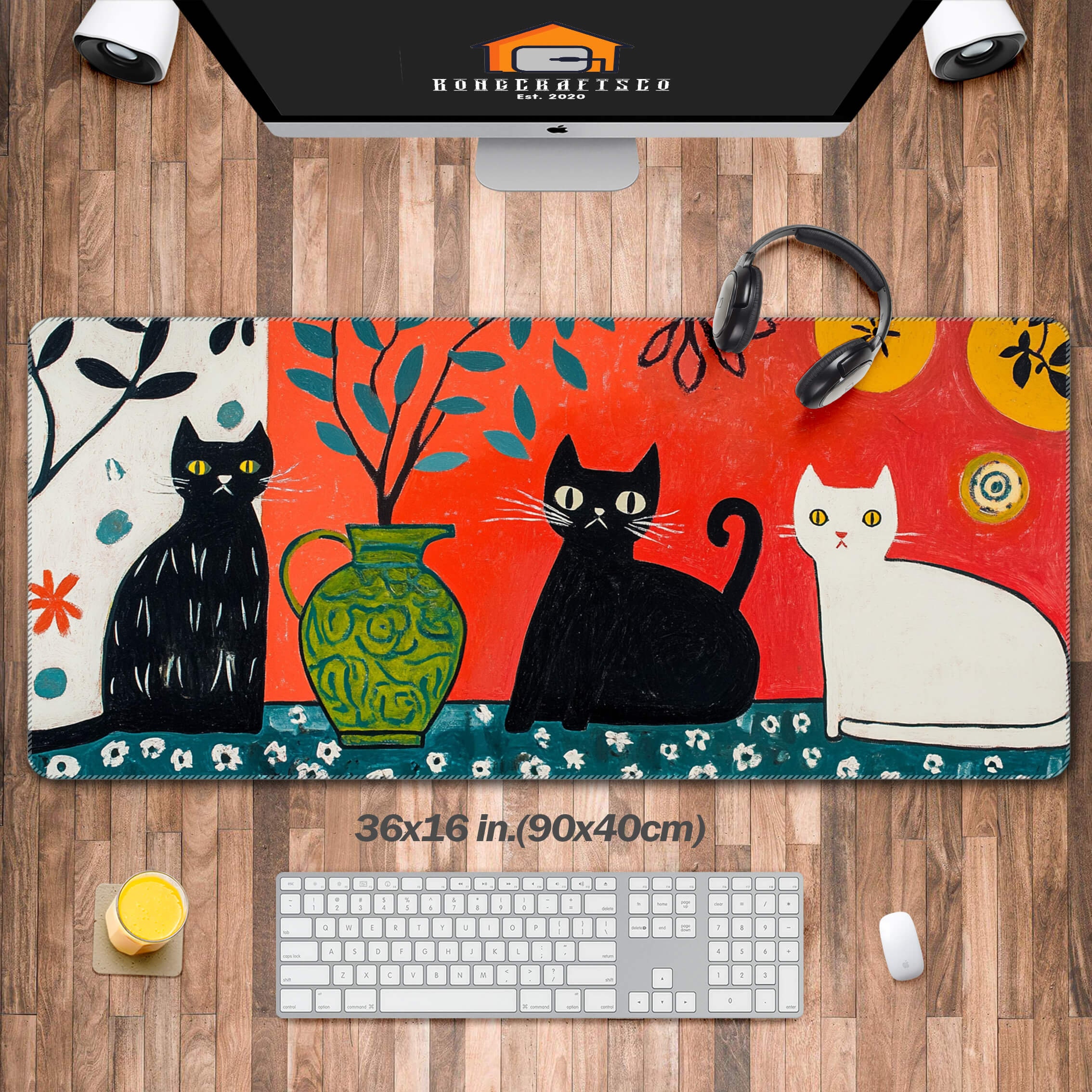 Black cat and whith kitty Mouse pad XXL ,Cute Large Desk Pad, Matisse Painting Style Desk Mat, Computer Laptop Mat, Gift for girlfriend her