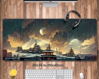 Oriental Landscape Desk Pad,Vintage Architecture Desk Mat, Japanese Large Gaming Computer Mat XXL, Office Mouse Pad Extended, Gifts For Her