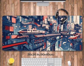Retrofuturism City Skrivbordsmatta Gaming, Traditionell japansk Stor Musmatta XXL, Cyberpunk Vaporwave Gamer Skrivbordsmatta, Steampunk Datormatta