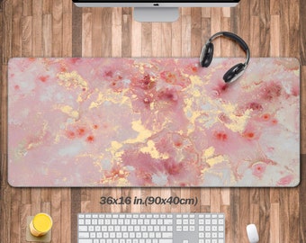 Large Mouse Pad, Cute Pink Desk Mat for Desktop, Women Girls Gaming Mousepad, Rose Gold Marble Computer PC Laptop Protector Writing Pads