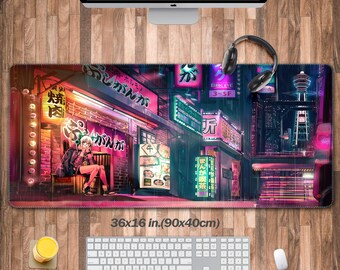 Tapis de bureau Neo City Night, design Anime Cyberpunk Synthwave - Idéal pour bureau de gaming cool et tapis d'ordinateur portable avec clavier étendu, sous-main