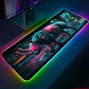 Running Rhinoceros Gaming Desk Pad Large, Cyberpunk  RGB Mouse Pad xxl, Steampunk Neon LED Light Gamer Desk Computer Mat, Gift For Gamer