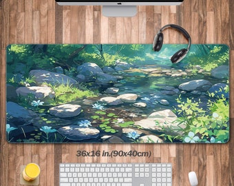 Anime Forest River Desk Mat, Creek Desk Pad, Japanese XXL Mouse Pad, Aesthetic Anime Playmat, Cute Japan Gaming Table Keyboard Laptop Mat