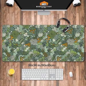 Botanical Art Nouveau Desk Mat,Sage Green Floral and Plant Detailed Design - Ideal Cute Office Decor & Extended Keyboard Laptop Computer Mat