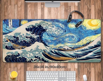 May include: A large, blue and white desk mat featuring a combination of the Great Wave off Kanagawa and Starry Night paintings. The mat measures 36x16 inches (90x40 cm).