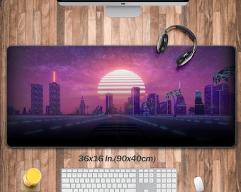 Tapis de bureau Cyberpunk City (2 motifs), Tapis de souris gaming néon, Tapis de bureau Gamer Vaporwave, Décoration de bureau Retrowave, Tapis d'ordinateur avec clavier