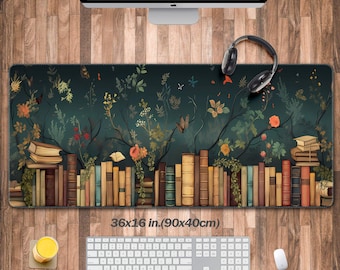 Bookish desk mat,Book Lover XXL mousepad, Floral Plants desk accessories, Cute desk Pad, Gift for bookish, Gift for Her, Gift for Studious