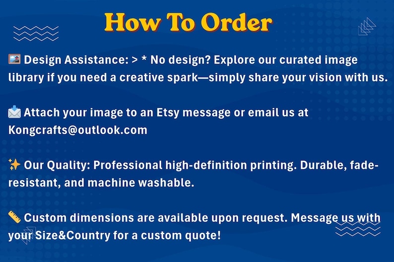 May include: A blue graphic with the text "How To Order" in yellow. Instructions include design assistance, attaching images via Etsy message or email, and information about quality and custom dimensions.