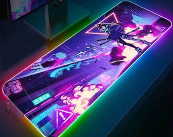 サイバーパンク アニメガール RGB ゲーミングデスクパッド、サイバーパンク シティ LED ゲーミングマウスパッド、ヴェイパーウェイヴ LED ライト ゲーミング シティ デスクマット、アニメマウスパッド