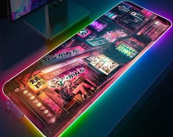 Steampunk Japan City skrivbordsunderlägg, Retro Vaporwave City Gaming skrivbordsunderlägg, Neon Anime japansk tjej stor spelmusmatta XL, LED-ljus skrivbordsdekor