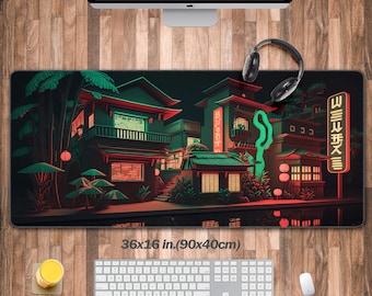 Tapis de bureau numérique City (3 motifs), tapis de souris gaming néon, tapis de bureau pour gamer Vaporwave vintage, décoration de bureau Retrowave, tapis d'ordinateur avec clavier