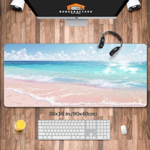 May include: A blue and pink beach scene with white clouds and waves. The desk mat is 36x16 inches (90x40 cm).