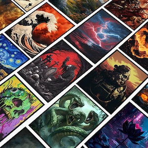 May include: A collection of square art prints featuring various fantasy and surreal illustrations. The images include a depiction of a storm, a skull, a grim reaper, a hydra, and a lotus flower. The prints are arranged in a grid pattern.