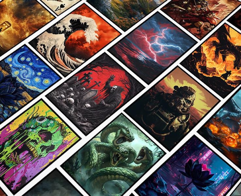 May include: A collection of square art prints featuring various fantasy and surreal illustrations. The images include a depiction of a storm, a skull, a grim reaper, a hydra, and a lotus flower. The prints are arranged in a grid pattern.