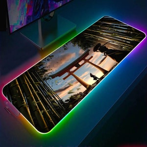Anime Japanese Samurai Gaming Desk Pad,Bushido Led Light Mouse Pad,Japan Warrior Ninja Desk Mat,Gamer Mouxepad XXL, Gift For Gamer Boyfriend