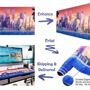 May include: A long, rectangular desk mat featuring a colorful cityscape design with a sunset sky. The mat is rolled up, showing its blue underside and the words "Durable Edges, Sturdy and durable, No fray, No fuss."