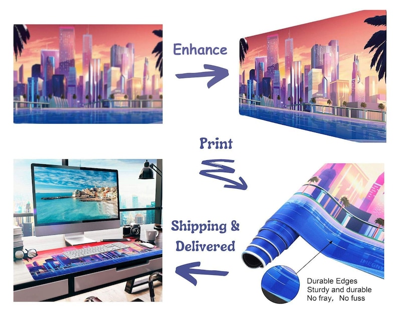May include: A long, rectangular desk mat featuring a colorful cityscape design with a sunset sky. The mat is rolled up, showing its blue underside and the words "Durable Edges, Sturdy and durable, No fray, No fuss."