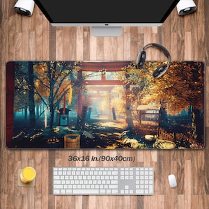 May include: A large, rectangular mousepad with a colorful image of a Japanese-style gate with trees and a path leading to it. The mousepad measures 36x16 inches (90x40 cm).