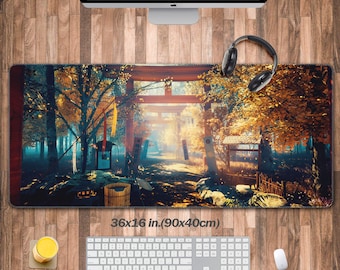 May include: A large, rectangular mousepad with a colorful image of a Japanese-style gate with trees and a path leading to it. The mousepad measures 36x16 inches (90x40 cm).