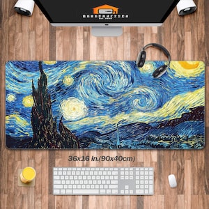 May include: A blue and yellow Starry Night themed mouse mat with a white border. The mouse mat measures 36x16 inches (90x40 cm).