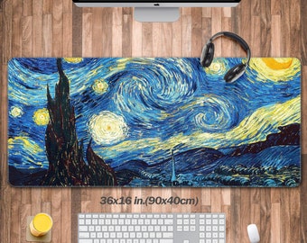 May include: A blue and yellow Starry Night themed mousepad with a white border. The mousepad measures 36x16 inches (90x40 cm).