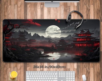 Riverside Japan Full Moon in Black and Red, Long Mouse Pad, Extra Large Mousepad, Gaming Desk Mat, Japanese Desk Pad, Ukiyo -e,Oriental View