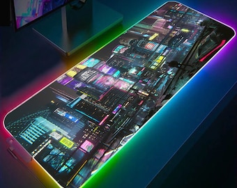 サイバーパンク シティ デスクパッド、レトロ ヴェイパーウェイヴ シティ ゲーミング デスクパッド、ネオンナイト 東京 シティ ラージ ゲーミング マウスパッド XXL、LED ライト デスク装飾
