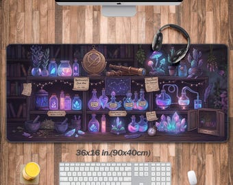 May include: A rectangular desk mat featuring a dark, magical apothecary scene with glowing potion bottles, crystals, a telescope, and an astrolabe on wooden shelves. The mat displays the text 36x16 in. (90x40cm) and various labels like Apothecary Deck Mat.