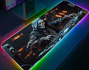 Podkładka pod mysz Skeleton DJ Gaming Desk Pad Large, Cyberpunk Skull RGB Mouse Pad xxl, Steampunk Neon LED Light Desk Computer Mat, Prezent dla gracza, Futurystyczny