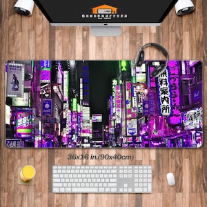 Alfombrilla de escritorio Cyberpunk City (3 patrones), alfombrilla de ratón para juegos de neón, alfombrilla de escritorio para jugadores Vaporwave, decoración de escritorio Retrowave, alfombrilla para teclado de ordenador