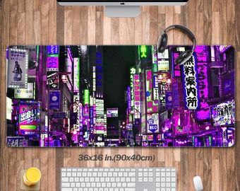 Tapis de bureau Cyberpunk City (3 motifs), Tapis de souris gaming néon, Tapis de bureau Gamer Vaporwave, Décoration de bureau Retrowave, Tapis d'ordinateur avec clavier