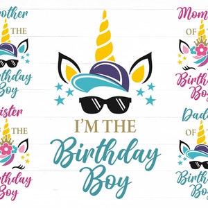 Unicornio cumpleaños niño Svg, unicornio a juego familia cumpleaños, lindo unicornio cumpleaños, cara de unicornio Svg, imágenes prediseñadas de unicornio, Dxf, descarga instantánea