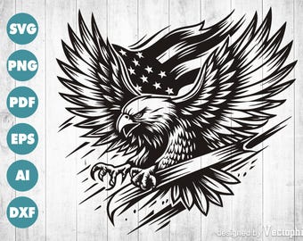 Pode incluir: Ilustração a preto e branco de uma águia com as asas abertas, segurando uma faixa. A bandeira americana é visível ao fundo. Gráfico vetorial com opções de tipo de arquivo: SVG, PNG, PDF, EPS, AI e DXF.