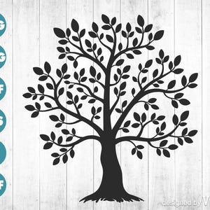 May include: Black silhouette of a tree with many branches and leaves. The tree is centered on a white wooden background. The image includes the text "SVG", "PNG", "PDF", "EPS", "AI", and "DXF" in blue circles.