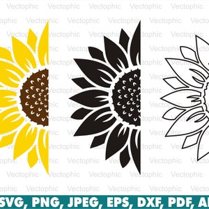 Moitié tournesol Svg, moitié tournesol clipart, moitié silhouette de tournesol, vecteur, fichier de coupe, png, sublimation, cricut, icône, téléchargement instantané