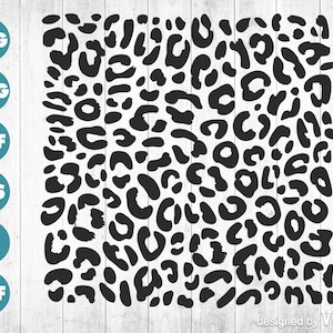 May include: Black and white leopard print design. The design is composed of various sized black spots on a white background. The image also includes the text "SVG", "PNG", "PDF", "EPS", "AI", and "DXF" in teal circles.