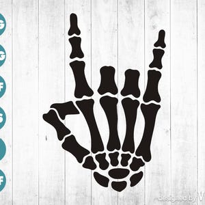 Roche sur le squelette à la main Svg Png Dxf Eps Pdf, Clipart de signe de main de roche, Silhouette de cornes en métal, conception de tatouage de tête de mort, téléchargement de fichier de coupe Cricut