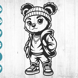 Puede incluir: Ilustración en blanco y negro de un oso de peluche con gorro, sudadera con capucha y zapatillas deportivas. El oso lleva un collar y está de pie. Imagen vectorial, adecuada para diversas aplicaciones digitales.
