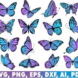 16 Violet Clair Rose Bleu Noir Papillons en couches SVG, Butterfly Svg Cut File, Vecteur, PNG, Clipart, Sublimation, Design, Téléchargement instantané
