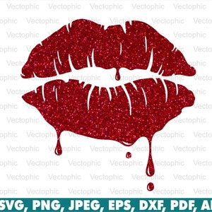 May include: Red glitter lips with dripping glitter, a Valentine's Day themed design. SVG, PNG, JPEG, EPS, DXF, PDF, AI.